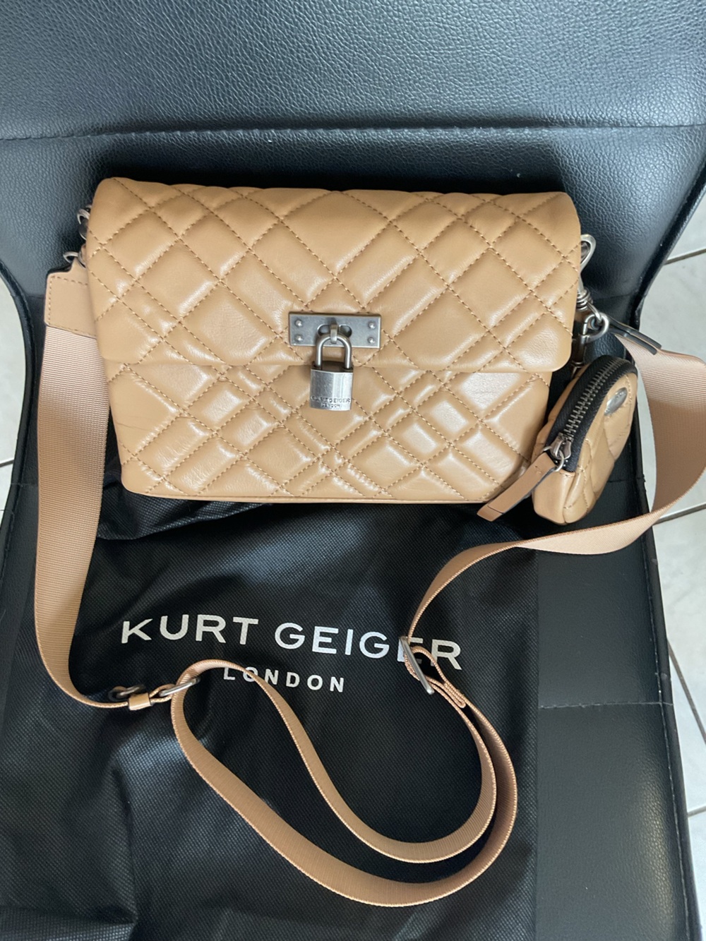 Kurt Geiger Tan Quilted Leather Crossbody with Lock and Coin Pouch